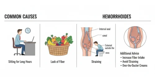 A detailed illustration explaining hemorrhoids, showing common causes like prolonged sitting and a low-fiber diet, as well as home remedies such as sitz baths and exercise
