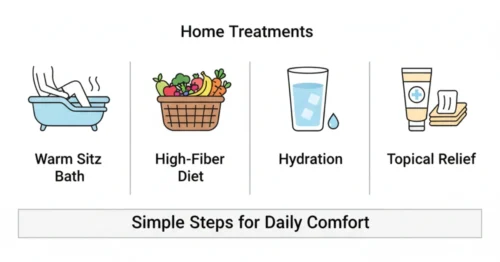 A diagram illustrating the common causes of hemorrhoids, including prolonged sitting, straining during bowel movements, and a diet lacking in fiber