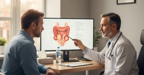 A patient consulting a doctor, indicating when to seek medical help for hemorrhoids