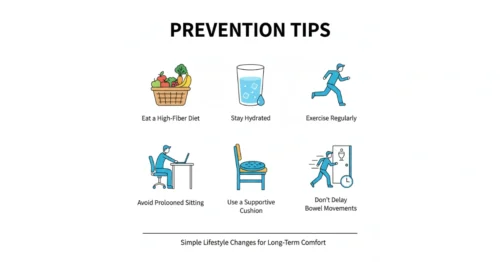 A visual guide to effective home treatments for hemorrhoids, depicting a warm sitz bath, a high-fiber diet, hydration, and topical creams