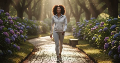Woman briskly walking in a green park, representing gentle exercise for hemorrhoid prevention