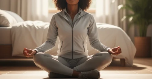 Woman doing Kegel exercises, focusing on pelvic floor strength for bowel health