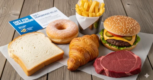 A collection of processed and fatty foods such as white bread, donuts, hamburgers, and steak, which can worsen hemorrhoid symptoms