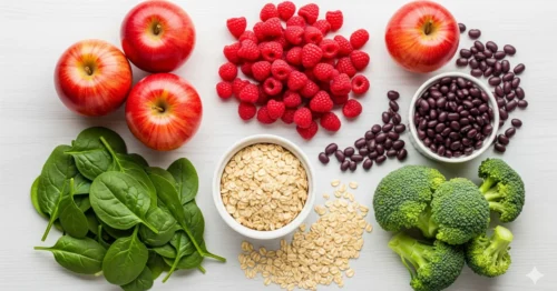 A diverse combination of high-fiber foods such as apples, raspberries, spinach, broccoli, and oats, which are recommended for a hemorrhoid-friendly diet