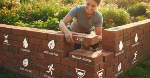 A person building a protective wall with bricks of healthy habits to prevent hemorrhoid recurrence