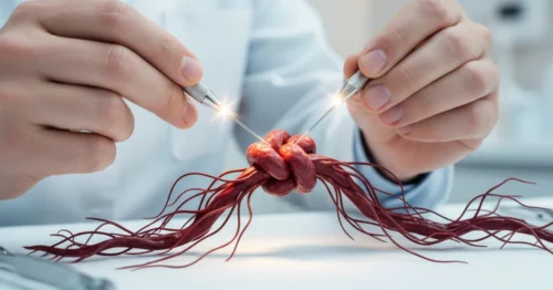 A specialist’s hands precisely repairing a delicate structure, representing modern, minimally invasive hemorrhoid treatments