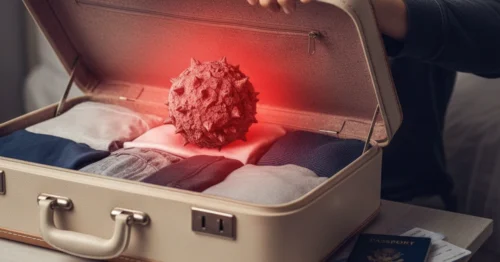 A symbolic image of a glowing, thorny stone in a suitcase, representing a stubborn and painful hemorrhoid