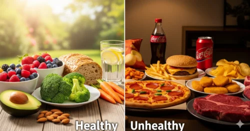 A visual comparison of healthy, high-fiber foods on the left (berries, broccoli, carrots) and unhealthy, low-fiber foods on the right (pizza, hamburgers, chips)
