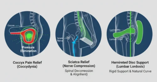 Comparison of poor sitting posture leading to lower back pain (red) versus corrected, aligned posture (green) using an ergonomic intervention
