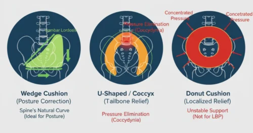 Diagram comparing the biomechanical difference between a Wedge Cushion (promoting forward pelvic tilt) and a Donut Cushion (often causing instability)