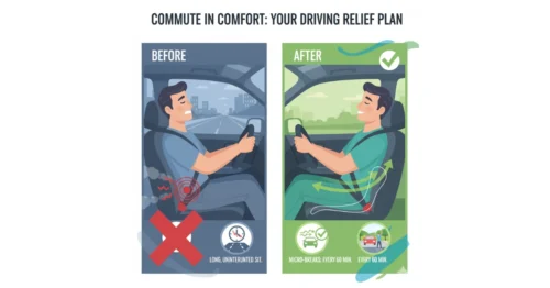 Driver experiencing hemorrhoids itch relief by taking regular micro-breaks during commute, contrasting discomfort from prolonged sitting
