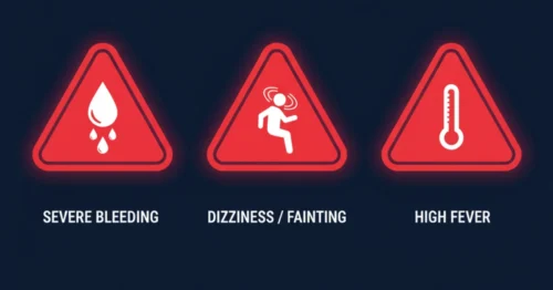An infographic showing emergency red flag symptoms for hemorrhoids: icons for severe bleeding, dizziness, and fever inside red warning signs.