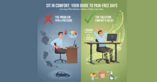 Ergonomic desk setup for hemorrhoids itch relief, showing adjustable chair, standing desk, and micro-breaks for comfort