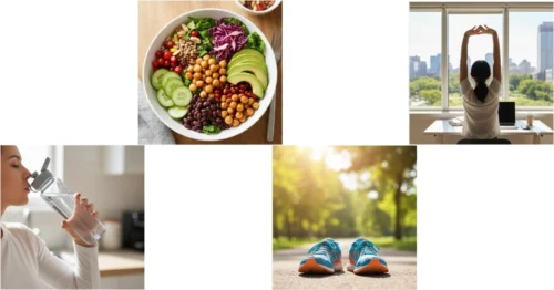 A vibrant collage showing a healthy lifestyle for preventing hemorrhoids, including eating a high-fiber diet, exercising, and staying hydrated.