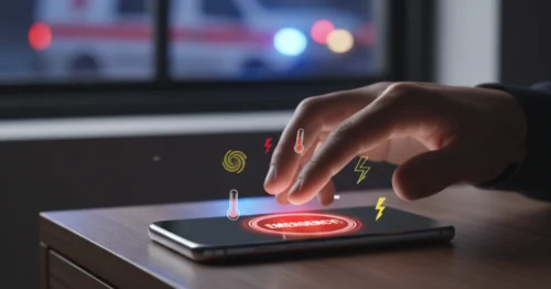 A hand reaches for a smartphone displaying an "EMERGENCY!" button with medical alert icons. Through the window, the blurred lights of an ambulance are visible, conveying the urgency of seeking immediate medical help.