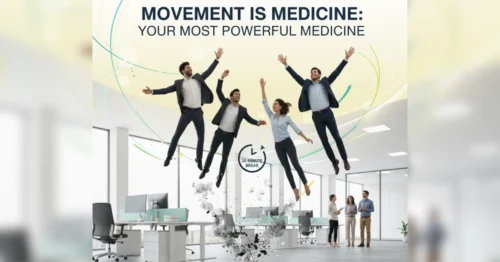 Office workers joyfully floating above desks, symbolizing freedom from pain and hemorrhoids itch relief through movement and micro-breaks