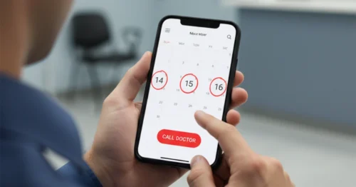 A person holding a smartphone with a calendar app showing three days circled in red, illustrating the decision to call a doctor for a thrombosed hemorrhoid.