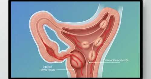 A clear medical diagram showing a cross-section of the lower rectum, with labels accurately pointing to the locations of swollen internal and external hemorrhoids to illustrate the condition.