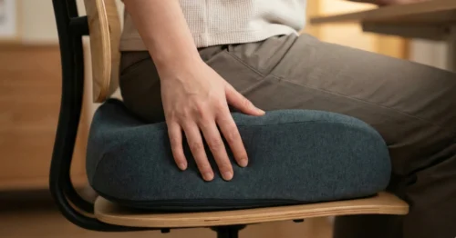 Close-up of person sitting on SitCushion, demonstrating proper pelvic alignment and memory foam texture