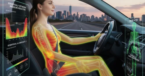 Ergonomic seat cushion demonstrating reduced pressure points and sciatica_lower back pain relief through heat map visualization