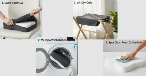 Four-panel guide showing how to clean a SitCushion_ unzip and remove cover, machine wash cover, air dry cover, and spot clean foam