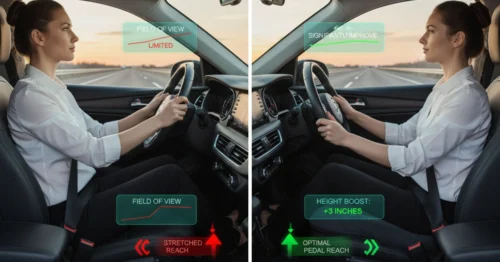Improved visibility and pedal control for short drivers using a height-boosting seat cushion