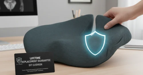 Lifetime warranty card alongside a durable, high-density ergonomic seat cushion, symbolizing long-term investment in health