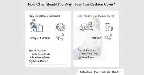 Two-panel guide showing recommended SitCushion washing frequency for daily use (office_commute) and less frequent use (home_travel), with tips for special situations