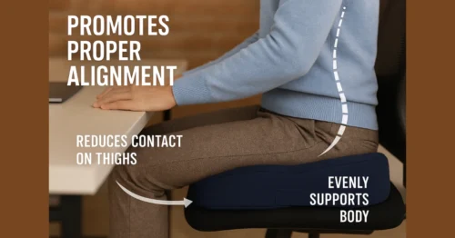 ergonomic cushion promoting proper alignment and reducing thigh pressure