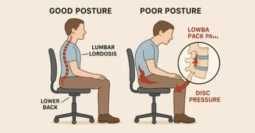 poor sitting posture causing lower back pain and disc pressure illustration