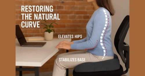 woman sitting on an ergonomic seat cushion restoring natural spine curve