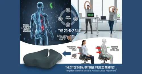 The 20-8-2 Rule Sit-Stand-Move cycle for desk workers, showing 20 minutes sitting, 8 minutes standing, and 2 minutes stretching to prevent LBP