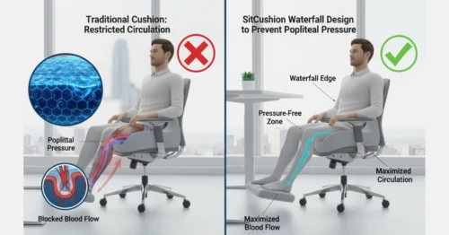 Ergonomic waterfall seat cushion design for popliteal pressure relief