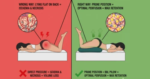 BBL recovery prone sleeping position and buttock suspension technique
