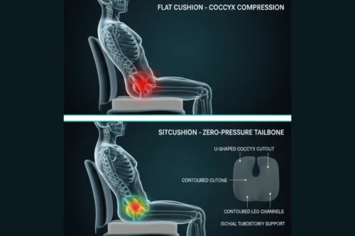 Biomechanical side-view of coccyx relief showing the Sitcushion U-shaped cutout preventing tailbone compression compared to a standard flat seat