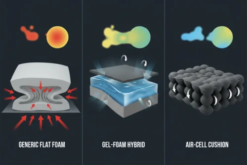 Comparative infographic of three seat cushion technologies_ generic flat foam, gel-foam hybrid with heat dissipation, and air-cell circulation system