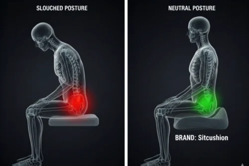 Split-screen infographic comparing slouched posture on flat foam versus neutral pelvic alignment using a Sitcushion ergonomic seat cushion