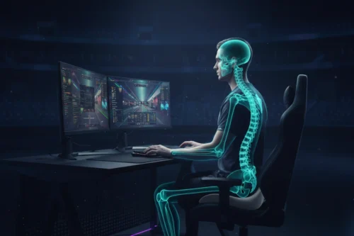 Biomechanical comparison of forward head posture versus neutral alignment with red and green stress indicators on the cervical spine