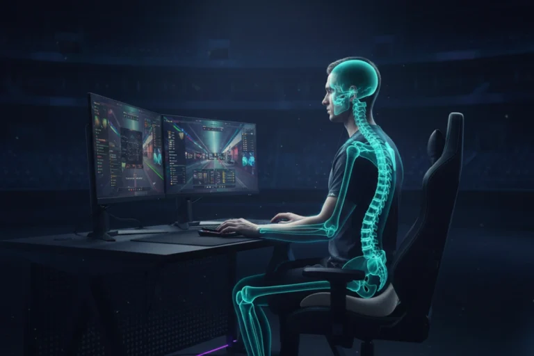 Biomechanical comparison of forward head posture versus neutral alignment with red and green stress indicators on the cervical spine