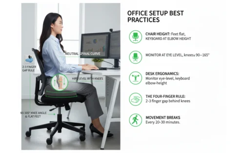 Ergonomic workstation diagram illustrating eye-level monitor height, 90-degree knee angle, and the four-finger seat depth rule for pelvic health