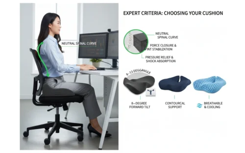 Orthopedic seat cushion infographic showing 8 to 13-degree wedge angle, high-density foam, and anatomical contouring for lumbar support