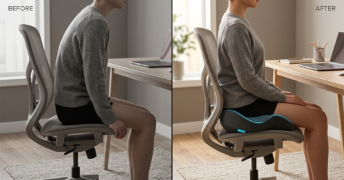 Before and after comparison of office chair height with seat cushion