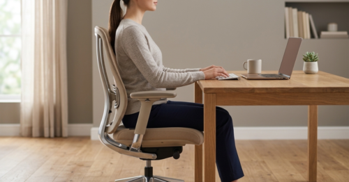 Correct sitting posture with knees at 90 degree angle in office chair